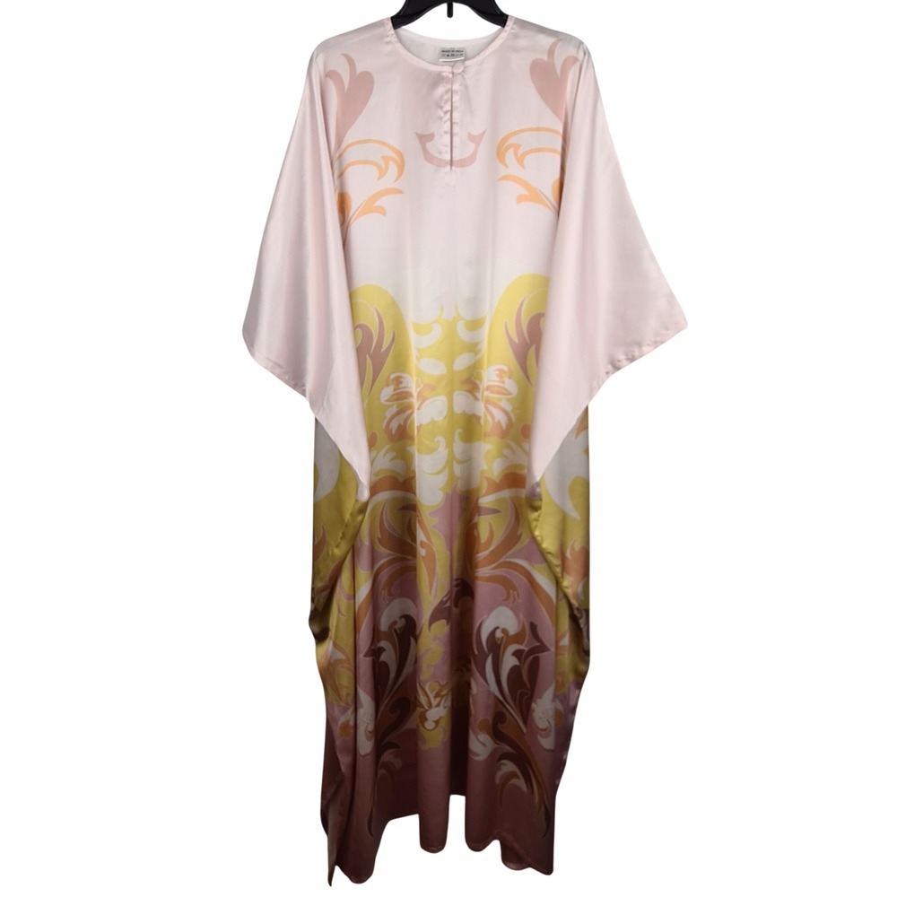 Floral Satin Kaftan Maxi Dress Made in India Oversized Boho Robe Pink Yellow - Picture 1 of 6